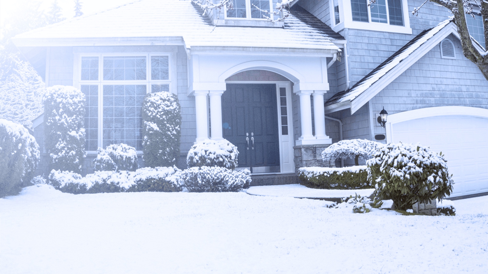 A house with gray siding and large windows stands behind snow-covered bushes and lawn. The driveway and roof are also coated with fresh snow, creating a wintery scene.