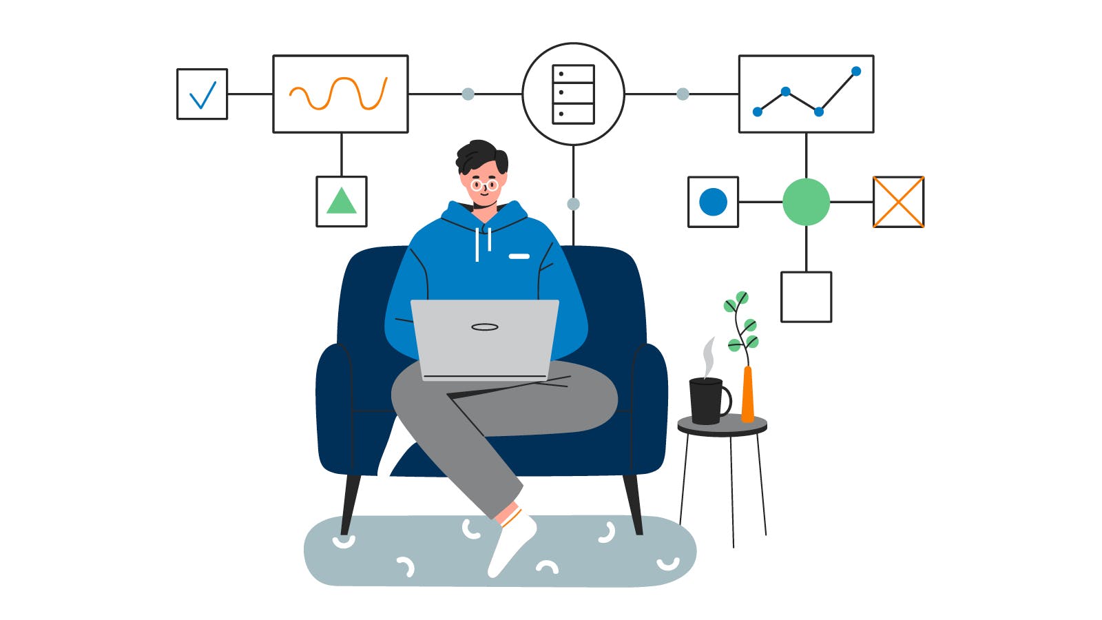 A person, sitting on a couch, researching the timeline for the mortgage process on their laptop.