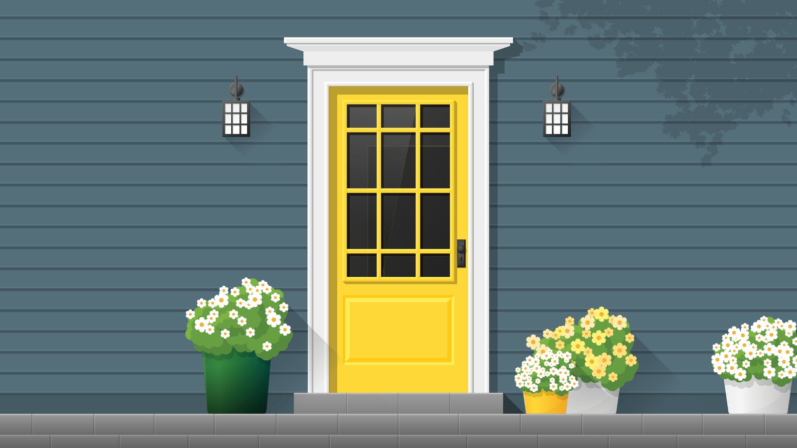 This graphically designed image show several curb appeal projects. The door has been painted bright yellow and freshly potted flowers surround it.