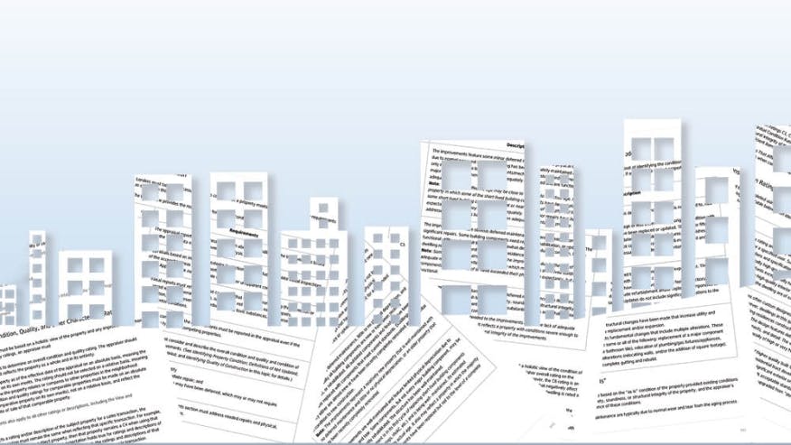 Sheets of paper with text are arranged upright and scattered, with rectangular cutouts making them resemble tall buildings in a city skyline against a light blue background.