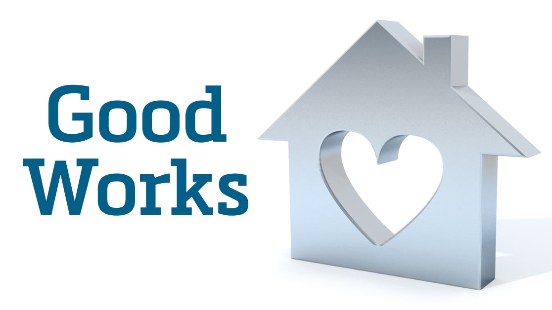 Graphic that reads "Good Works" alongside a silver house icon with a heart cut out from the center