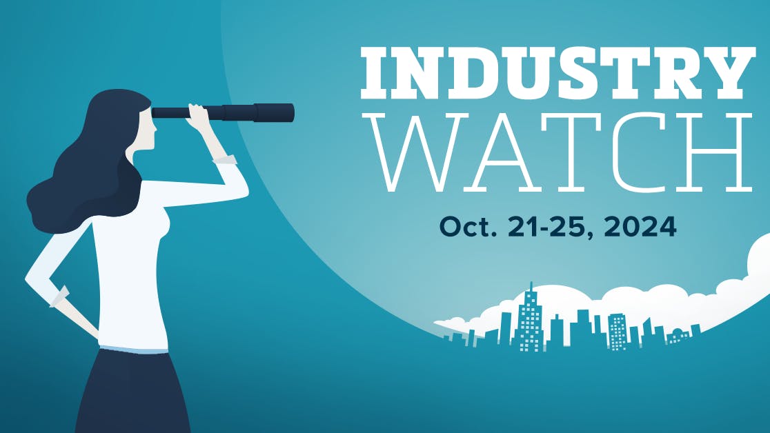 Graphic that reads "Industry Watch Oct. 21-25,2024" with an icon of a women looking through a telescope