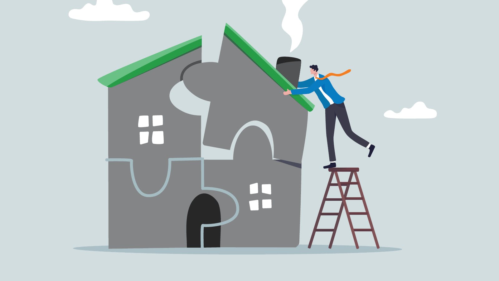 A graphic illustrations of the mortgage payment puzzle. It's a person piecing their home together as a puzzle.