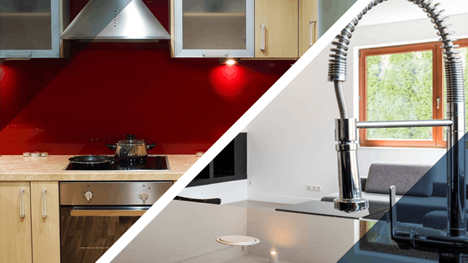 A split-screen image shows a modern kitchen with a red backsplash and stove on the left, and a sleek kitchen island with a tall, spiral spring faucet and a living area in the background on the right.