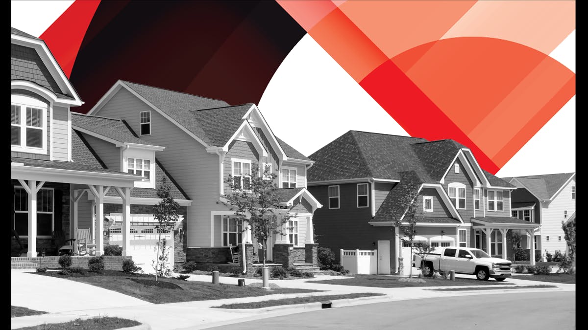 Black-and-white photo of suburban houses with front porches and driveways. A white pickup truck is parked outside one house. The background has abstract red and orange geometric shapes.
