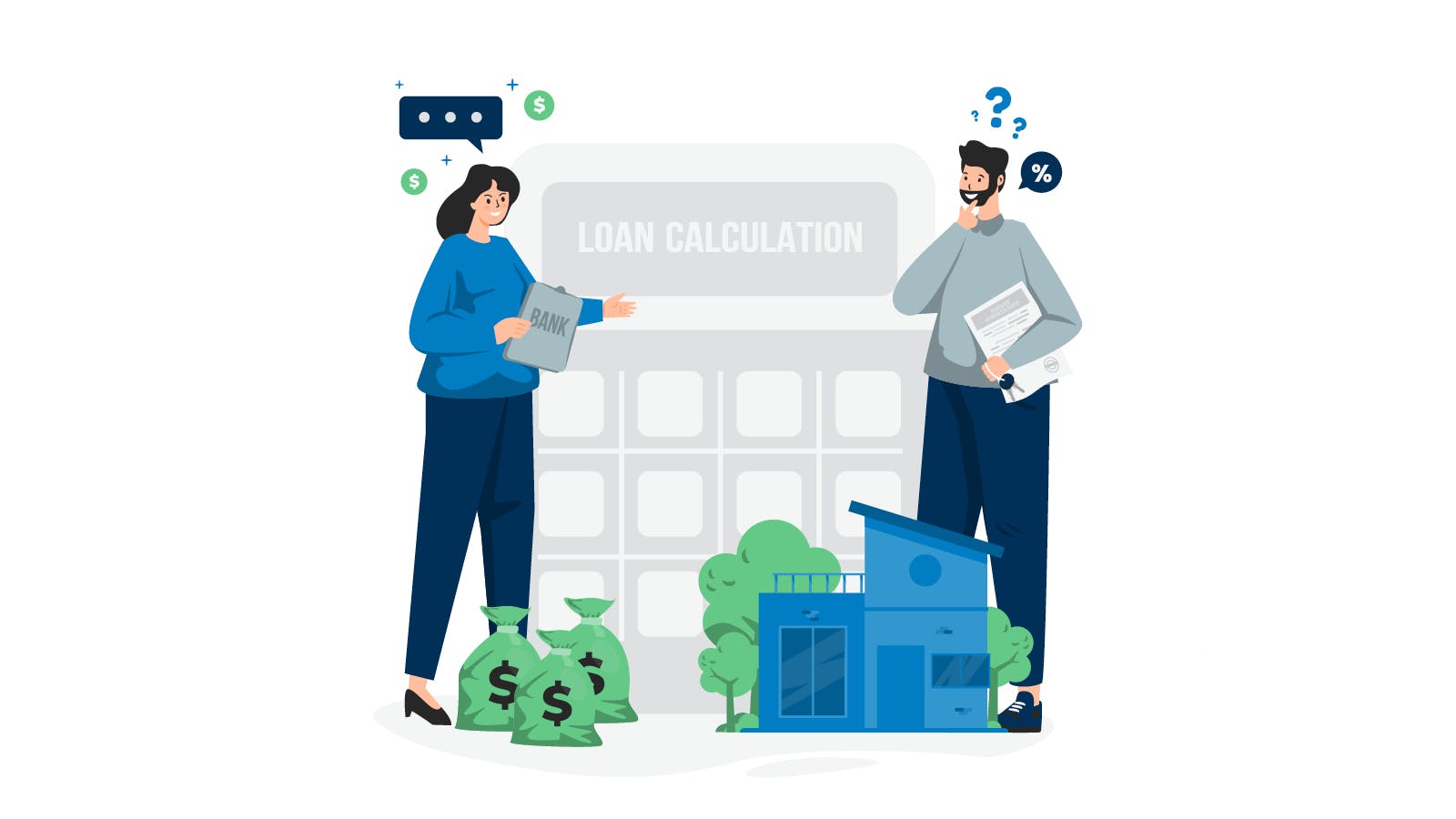 Illustration of two people thinking about mortgage in the gig economy