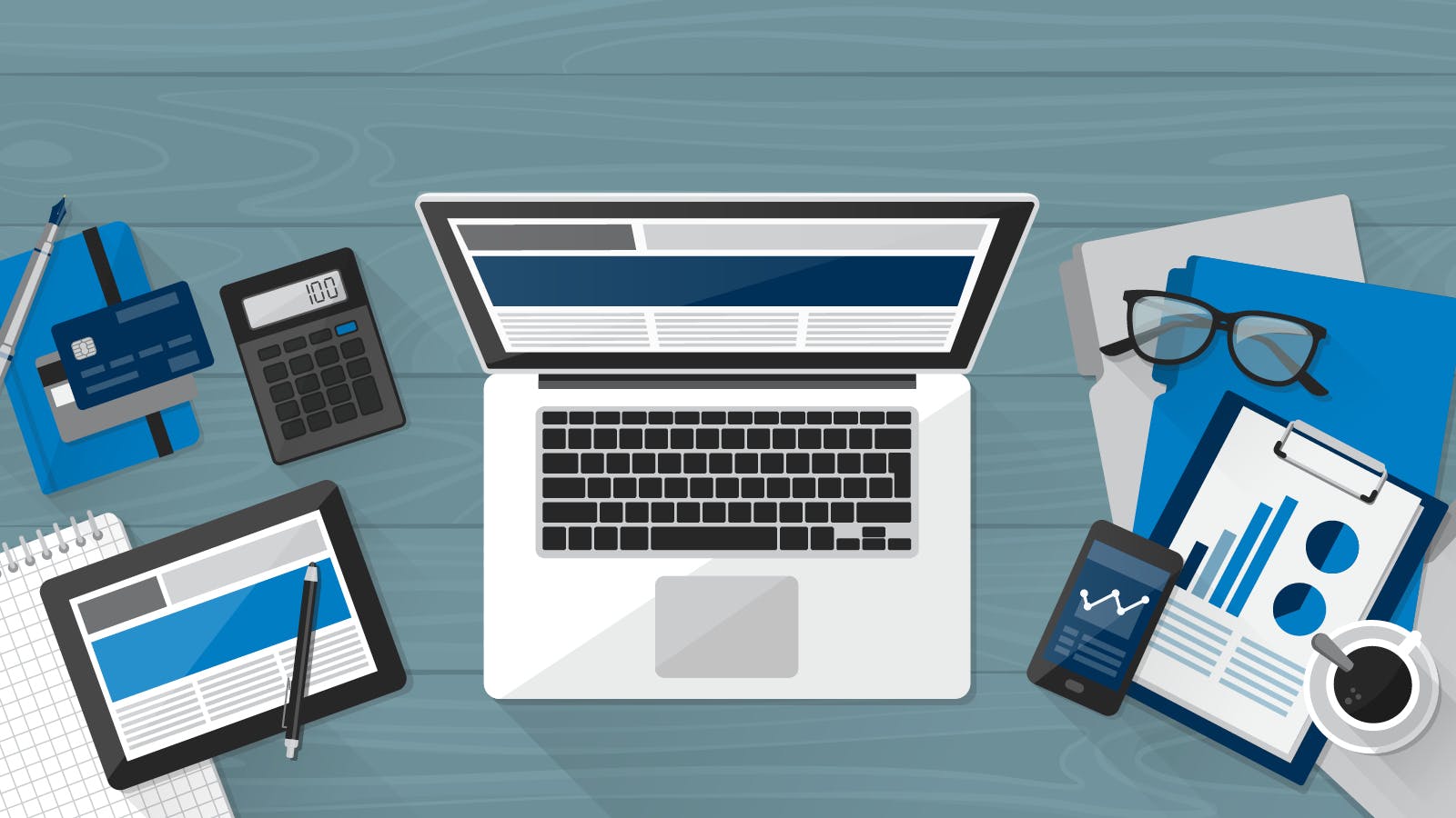 Graphic image of tools needed for financial detox: a laptop, glasses, calculator, etc.