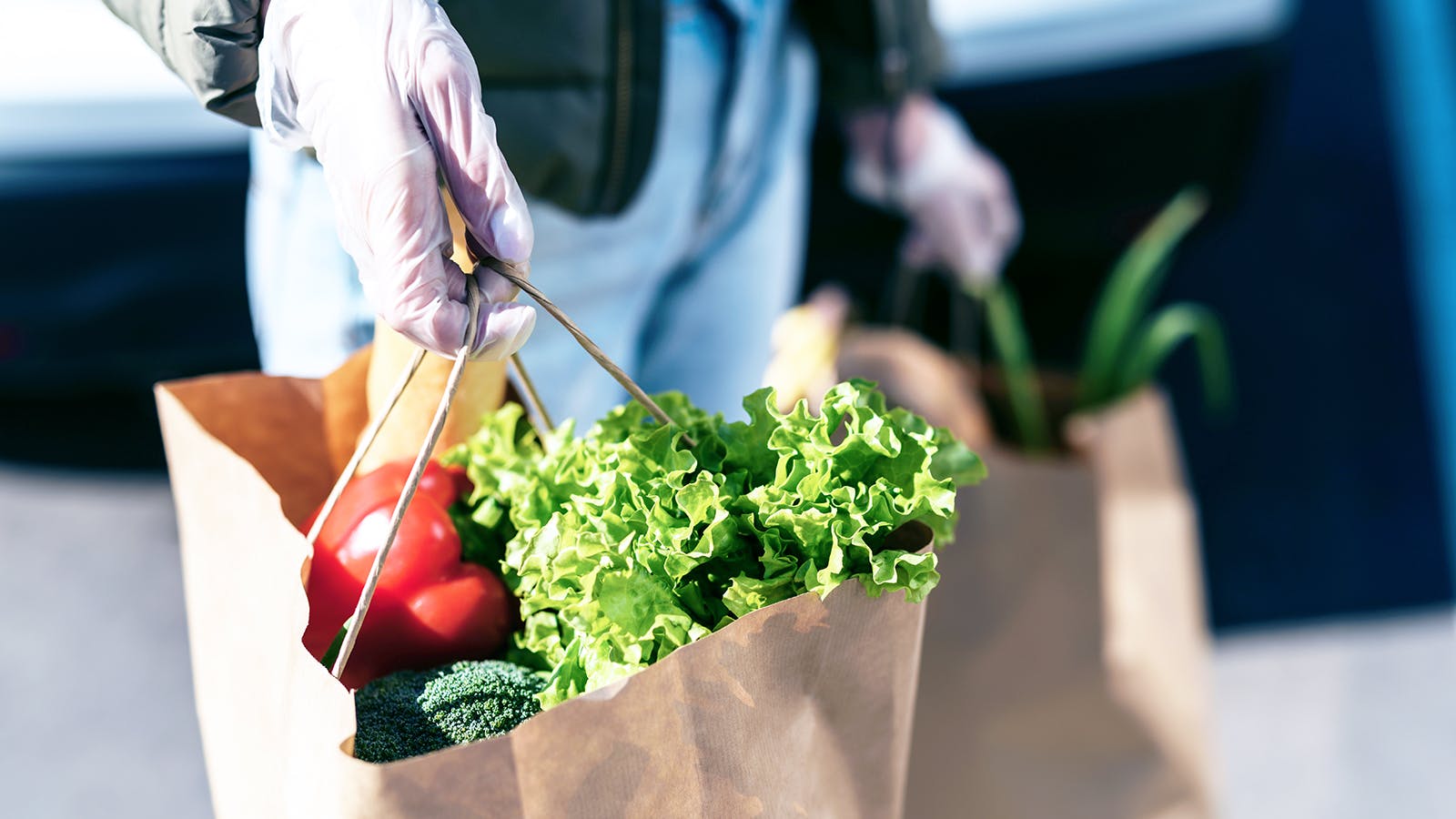 A person wearing disposable gloves carries two paper grocery bags filled with fresh vegetables, including lettuce, tomatoes, and broccoli, outdoors.