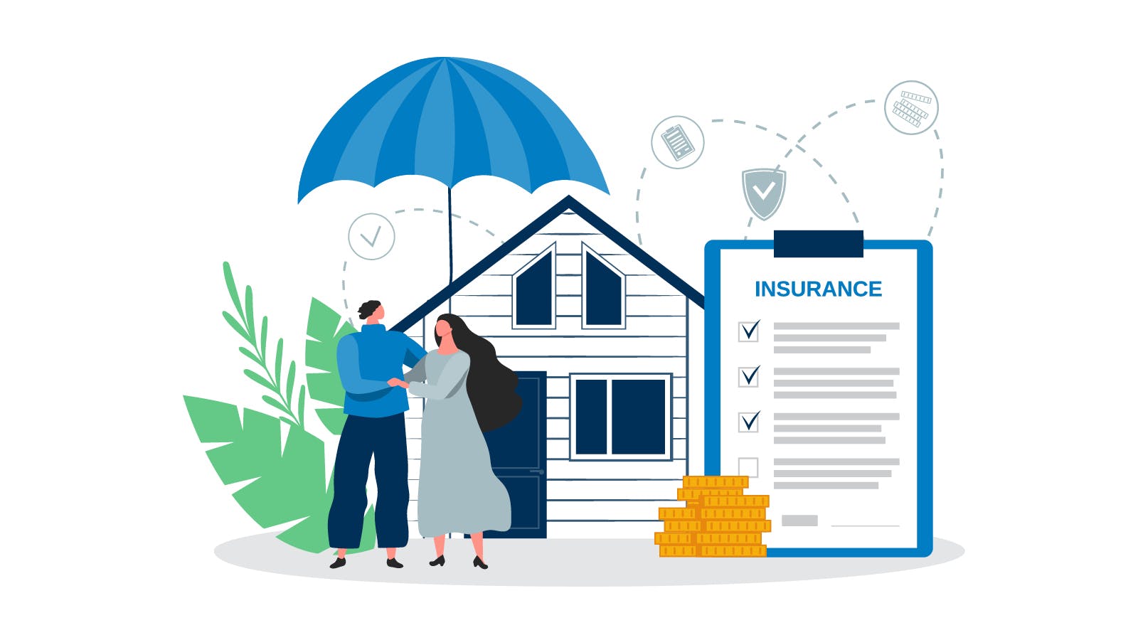A graphic depiction of what you need to know about home insurance. There is a couple, standing under a large umbrella, with a home behind them.