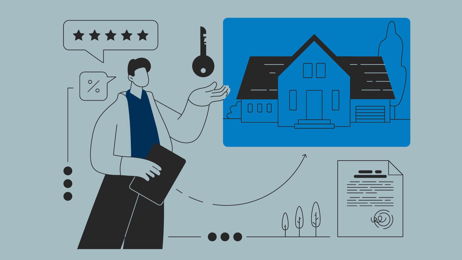 Illustrated icons showing a man holding a key with a home in the background.