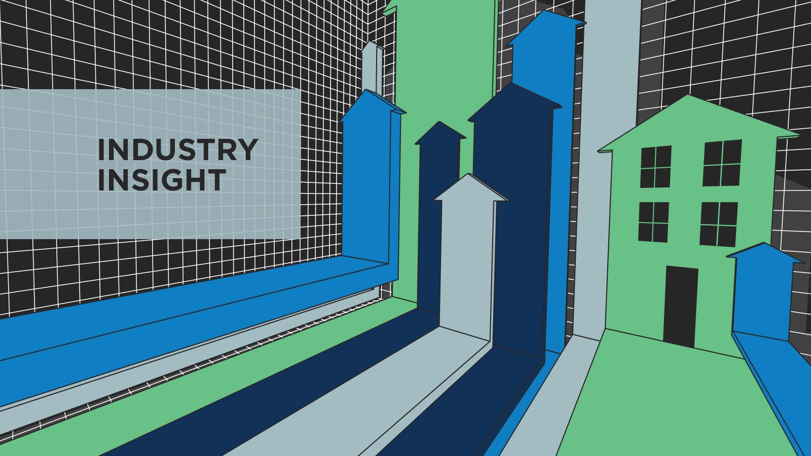 3D bar graph shaped like buildings and arrows rises toward the right, set against a black grid background. A grey box on the left contains the text INDUSTRY INSIGHT.