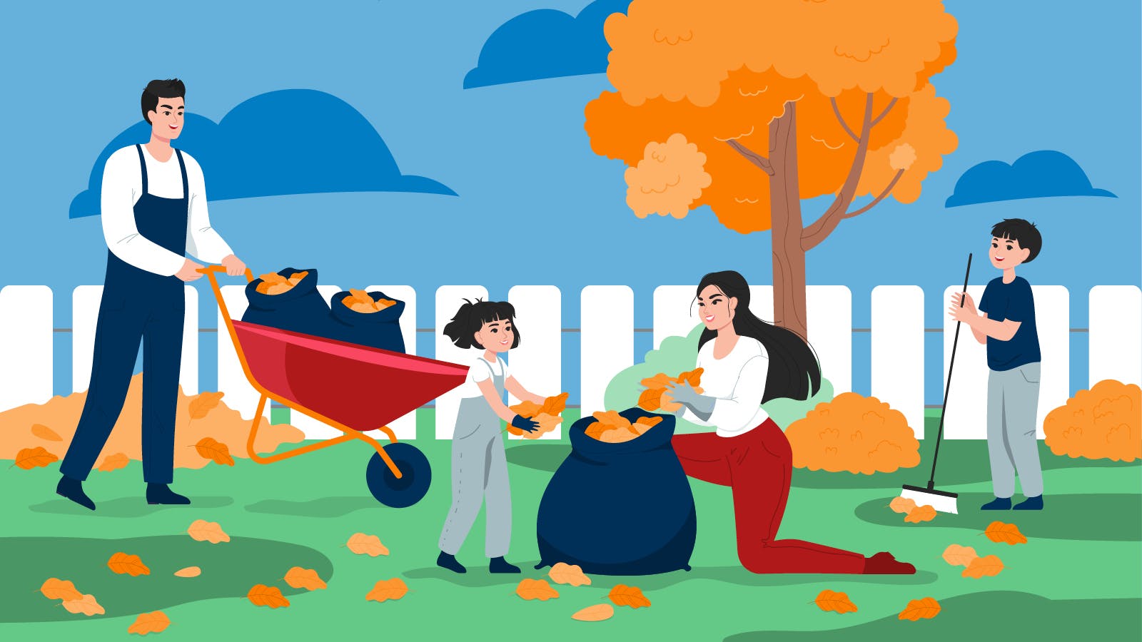 Illustration of family doing fall yard care. They are raking and bagging leaves together.