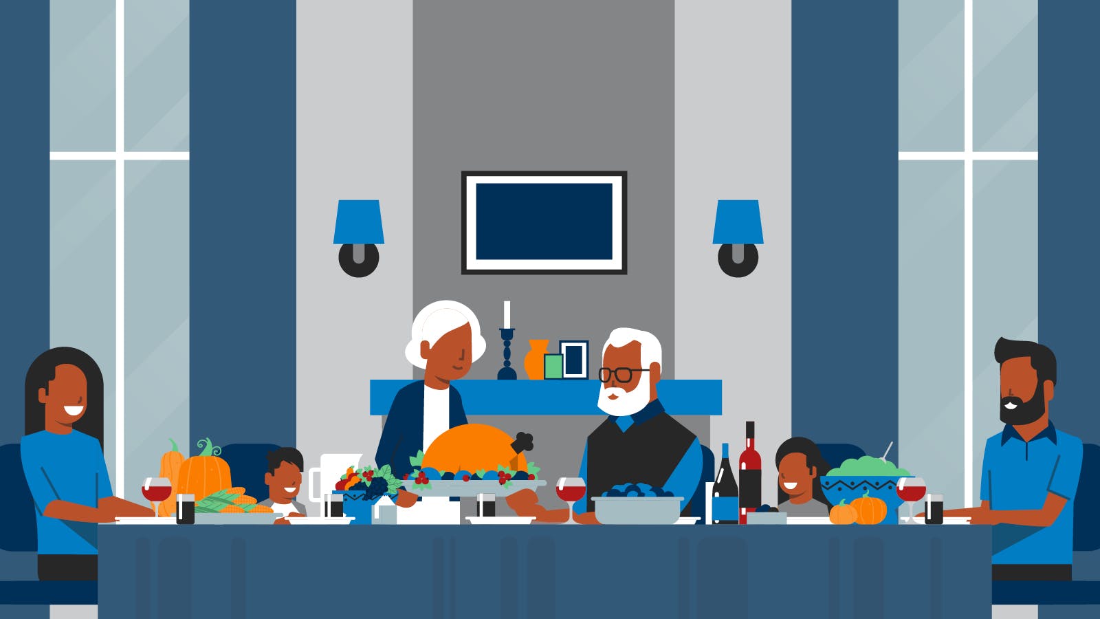 An illustration of a family of four sitting at a beautiful Thanksgiving tablescape in their home dining room.