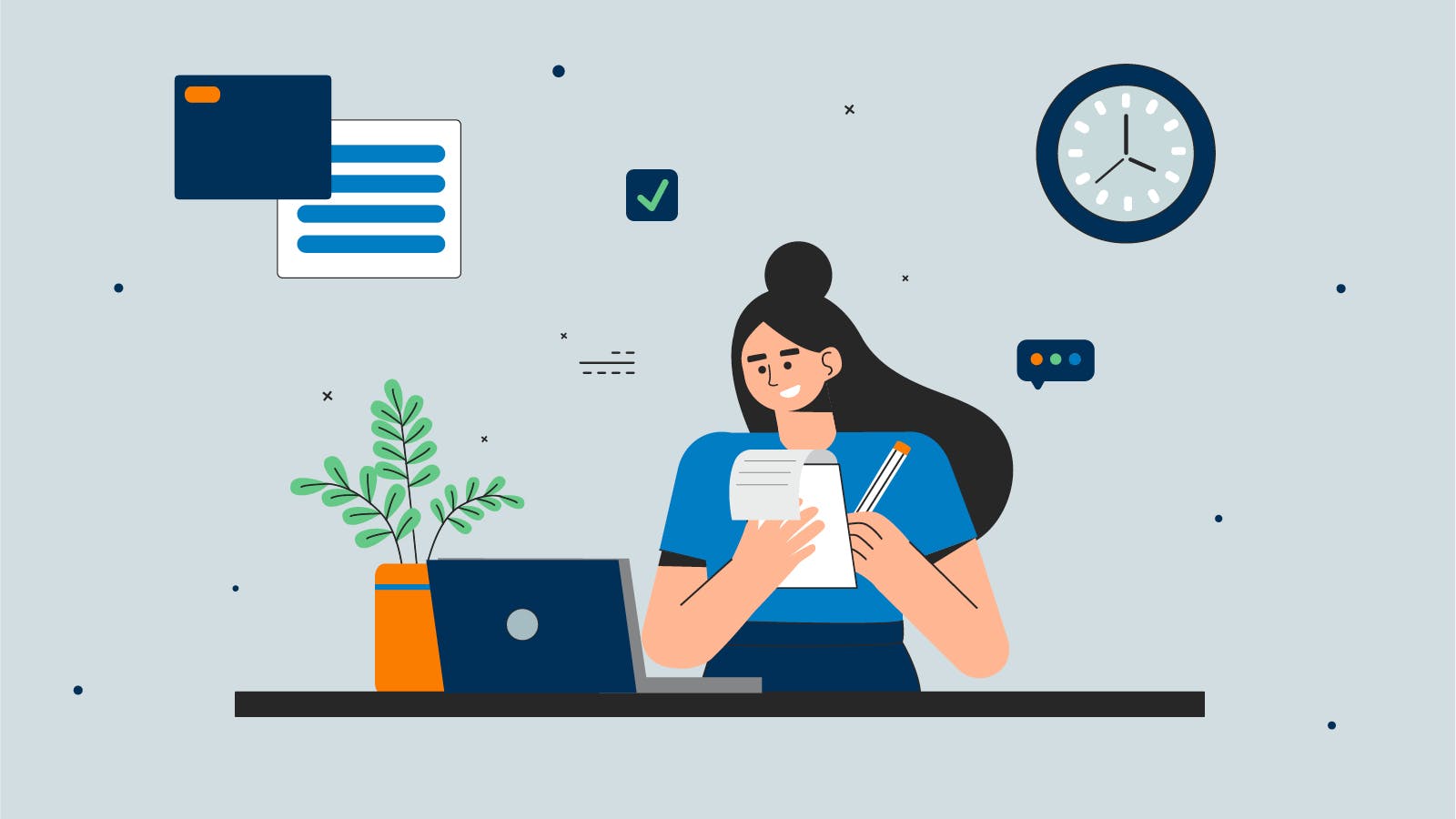 An illustration of a woman comparing home loan terms on her notepad