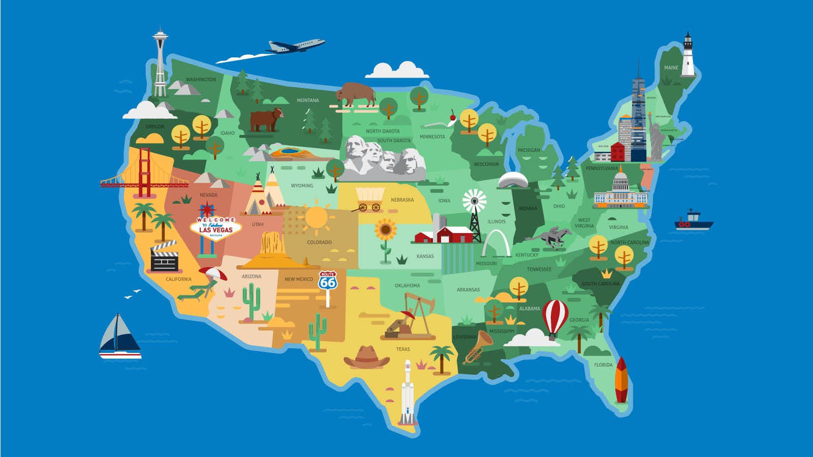 Illustrated graphic of the United States with various icons representing each state.