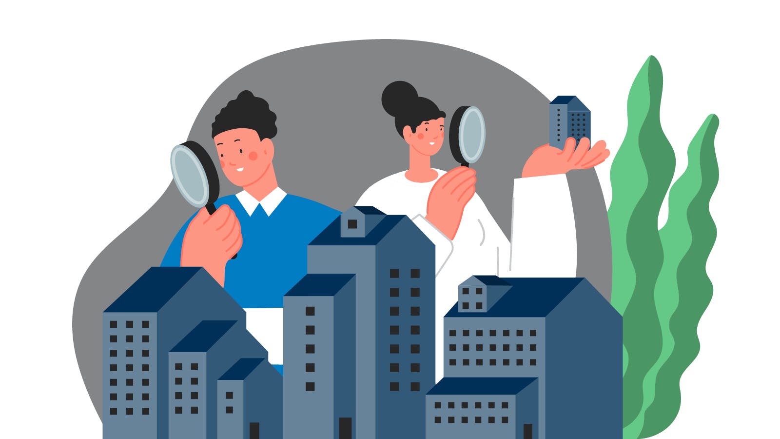 Two illustrated people using magnifying glasses to inspect homes. They are trying to decide if it's better to rent or buy.