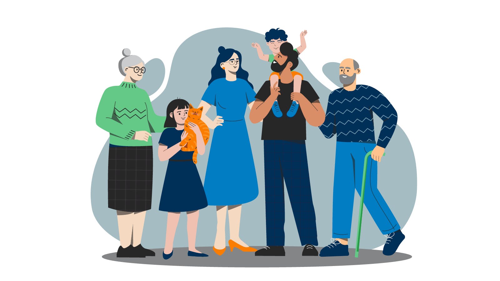 A large extended family enjoying multigenerational housing. They are all together and smiling.