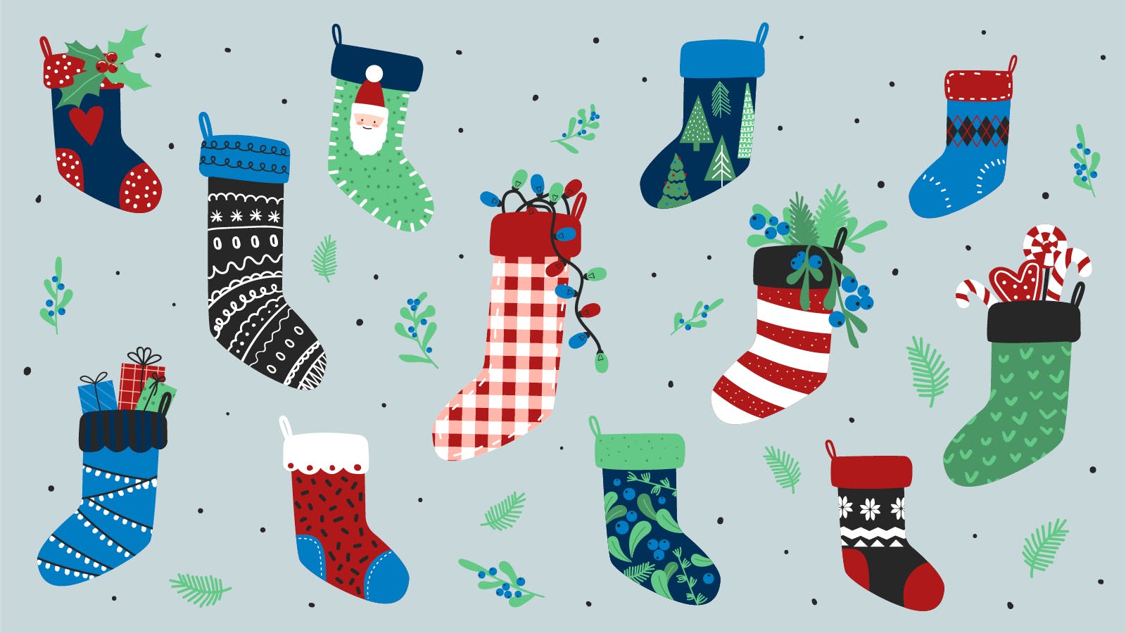 Stocking stuffer image with a variety of decorated stocking illustrations