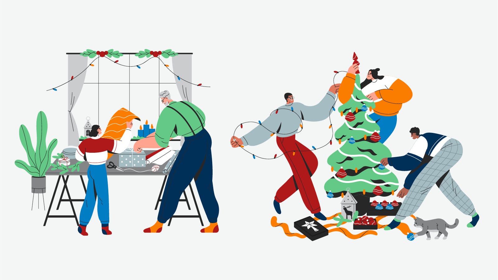 A fun graphic showing a family doing holiday prep in their home.
