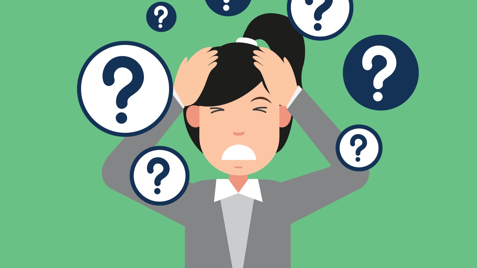 Illustration of a frustrated woman holding her head with both hands, surrounded by question marks on a green background, representing confusion or stress.