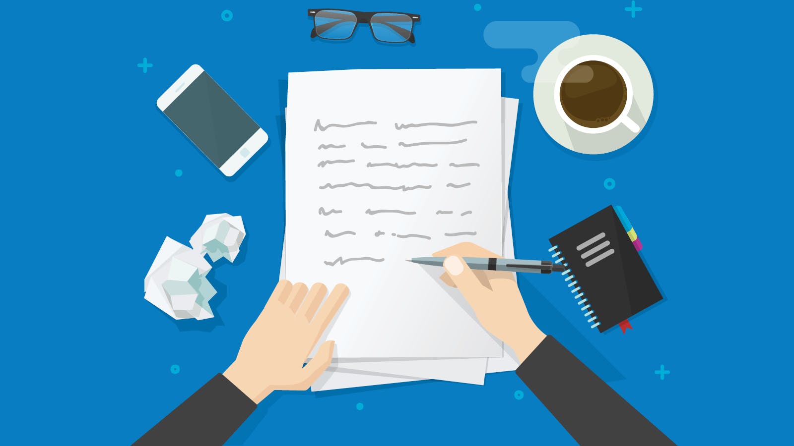 Illustration of a person writing on paper at a desk, with a phone, crumpled paper balls, glasses, a cup of coffee, and a notebook nearby, all on a blue background.