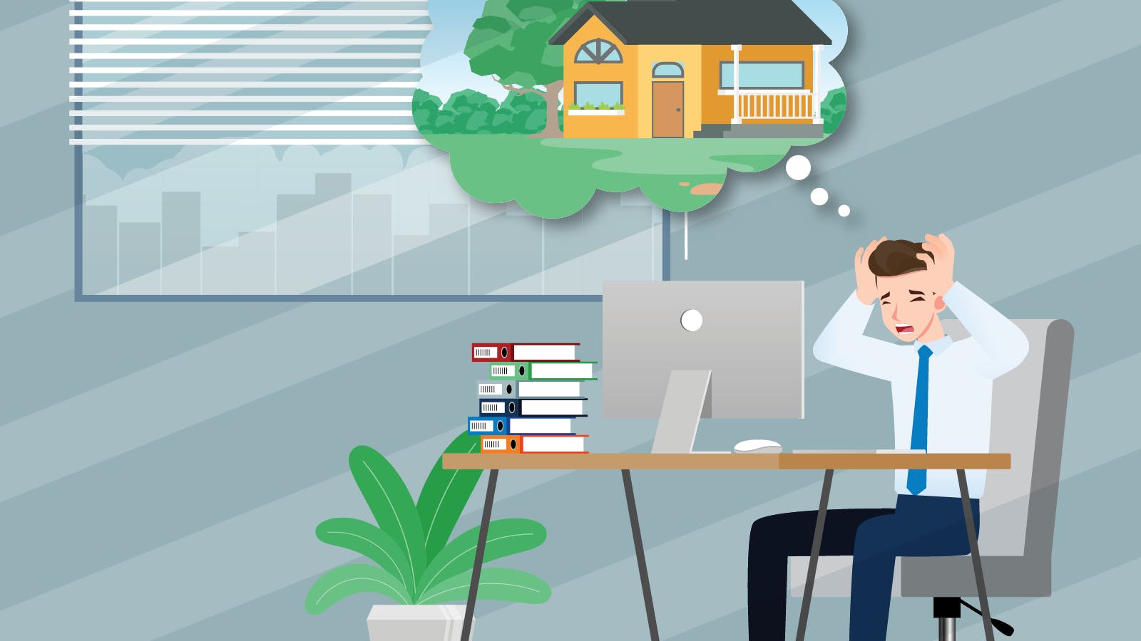 A graphic depiction of home buying tips that can help relieve stress. The cartoon person looks stressed out as he looks at a computer. A bubble thought with a home in it appears above his head.