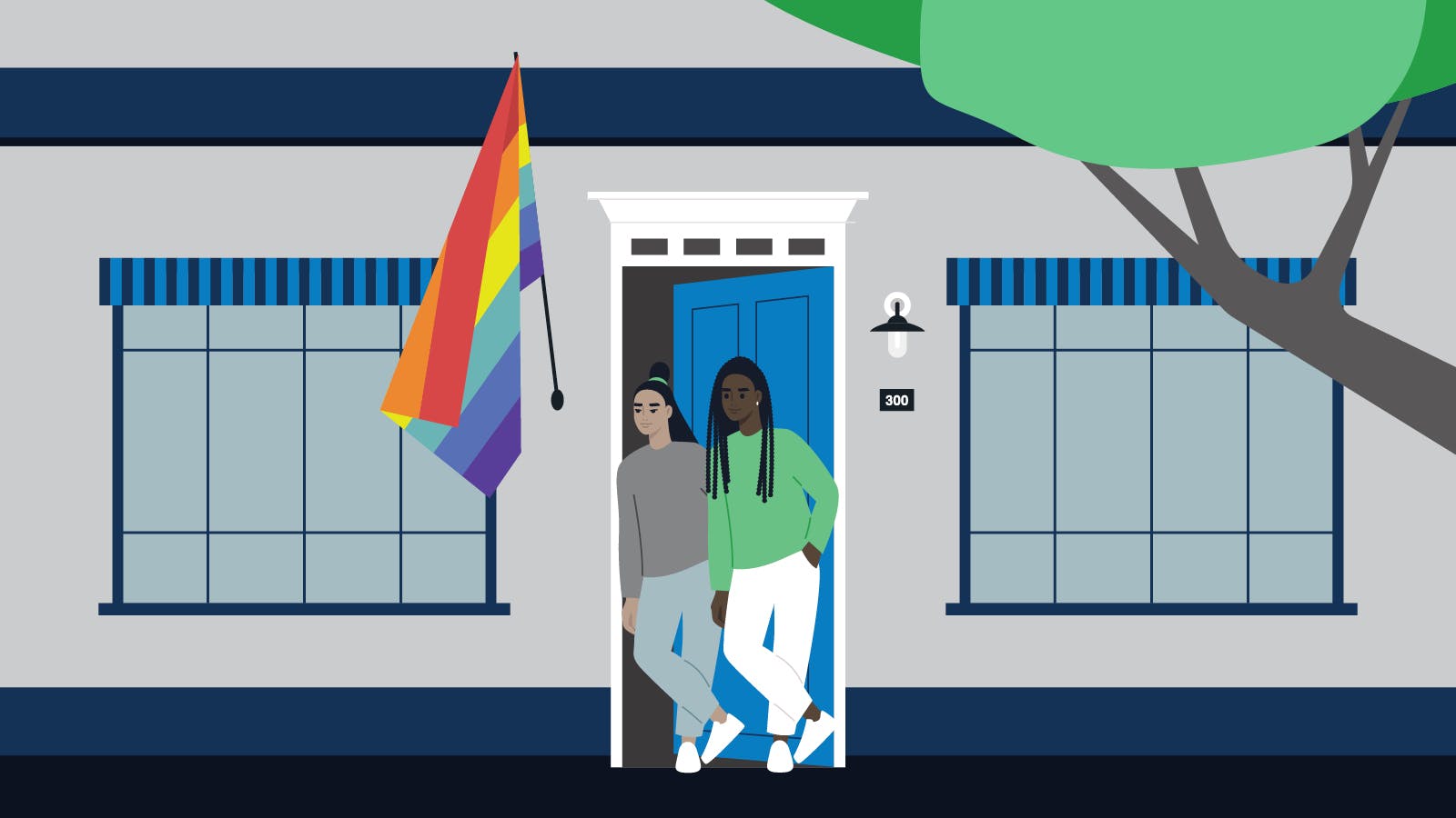 Two people stand together in the doorway of a house with a rainbow Pride flag hanging outside. The house has large windows, blue trim, and a tree partially visible on the right.