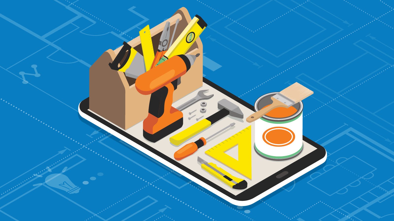 This graphic depiction of paint, a drill and other measuring tools accompanies accompanies tips and tricks for those wanting to "redo my rental".