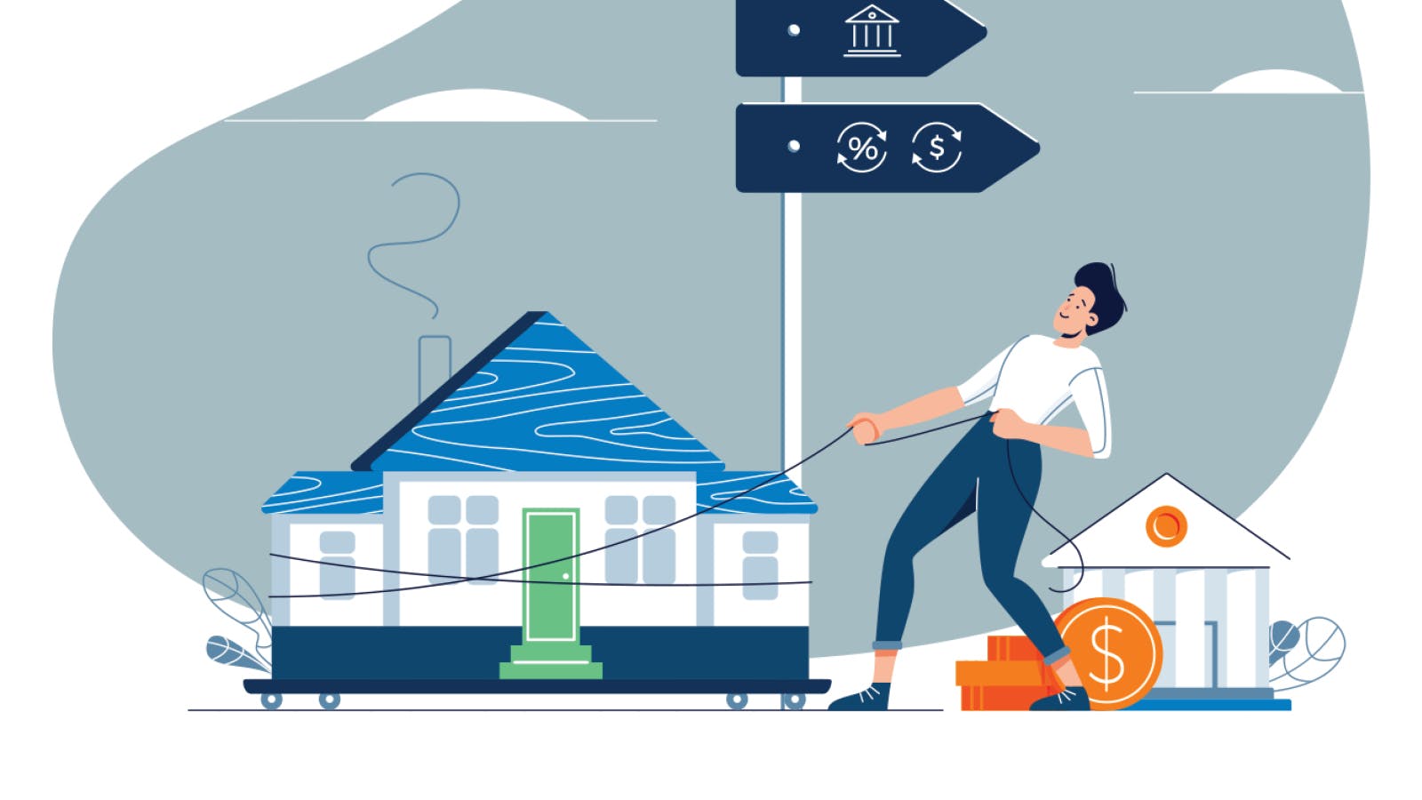 Illustration of a person pulling a house on wheels with a rope, next to a bank building, coins, and a directional sign with symbols for a bank and interest rates. The scene represents home loans or mortgages.