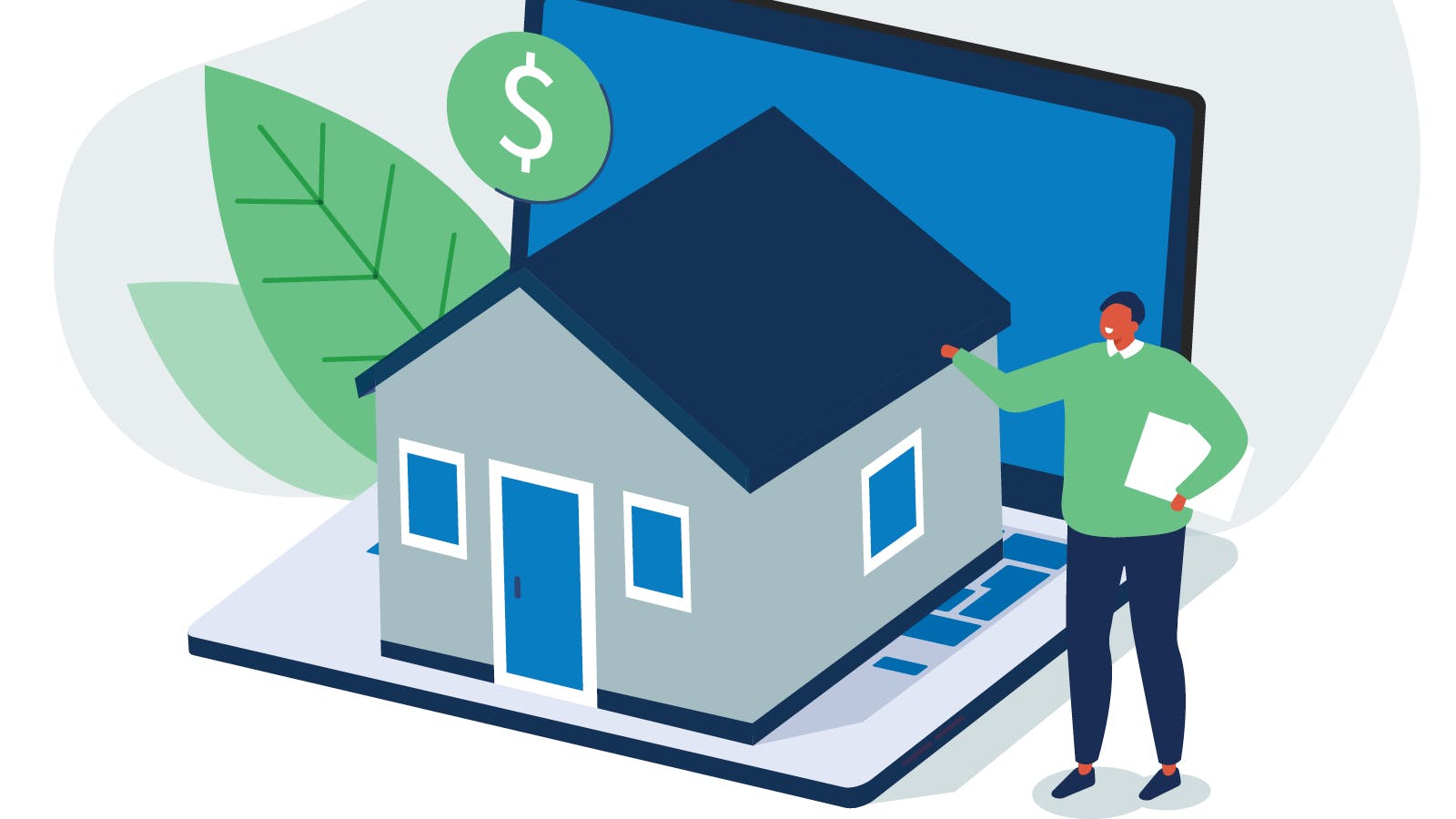 A man looking at an illustrated house wondering how to come up with a down payment. There is a laptop and money sign near the house.