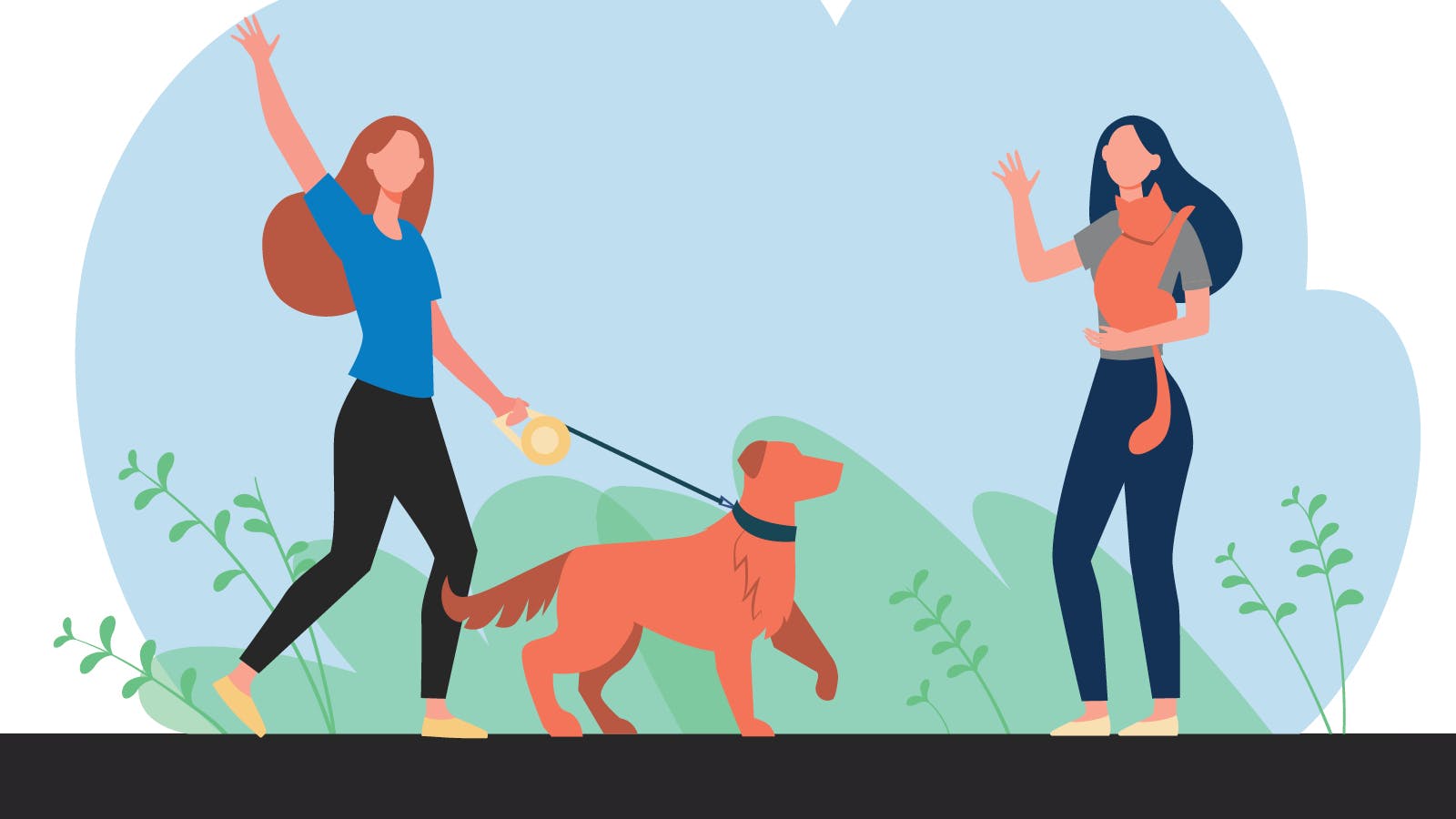 Illustration of two women keeping their pets cool. One is holding a cat and one is walking a dog.