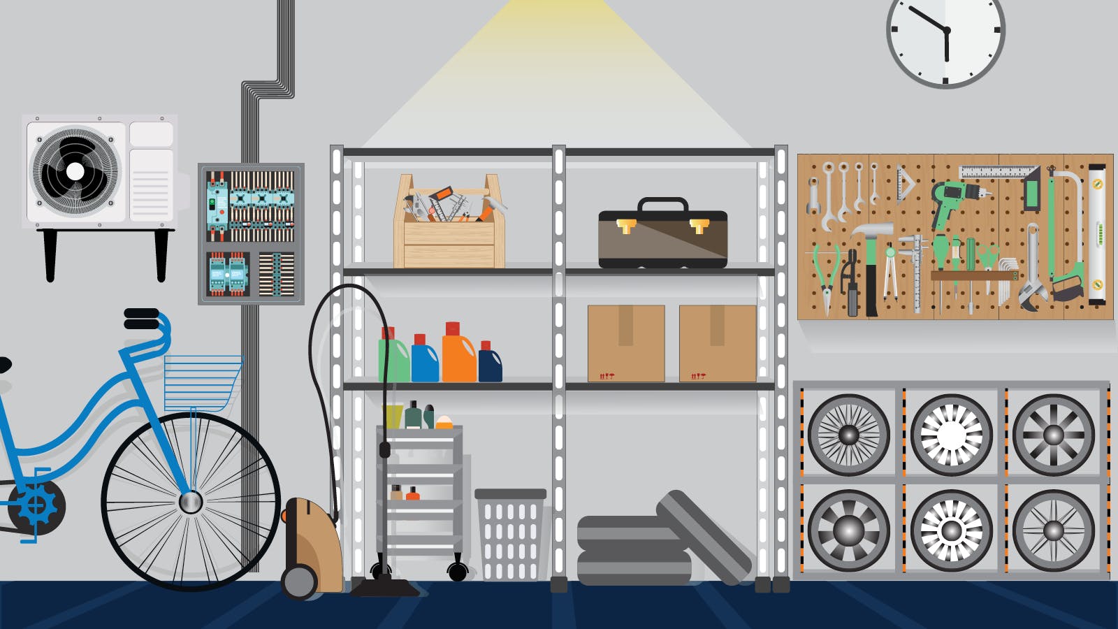 Organized garage illustration showing garage cleaning tips for the overwhelmed