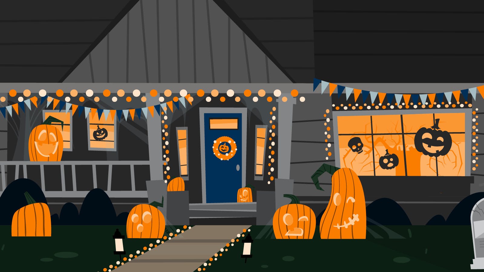 Graphic illustration of porch decorating ideas with pumpkins, banners, a wreath and twinkle lights.
