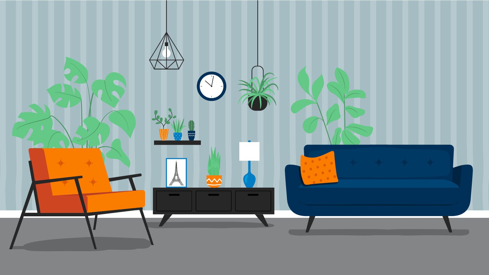Graphic illustration of home decor trends 2023. There are plants, mid-mod couches and eclectit hanging features.