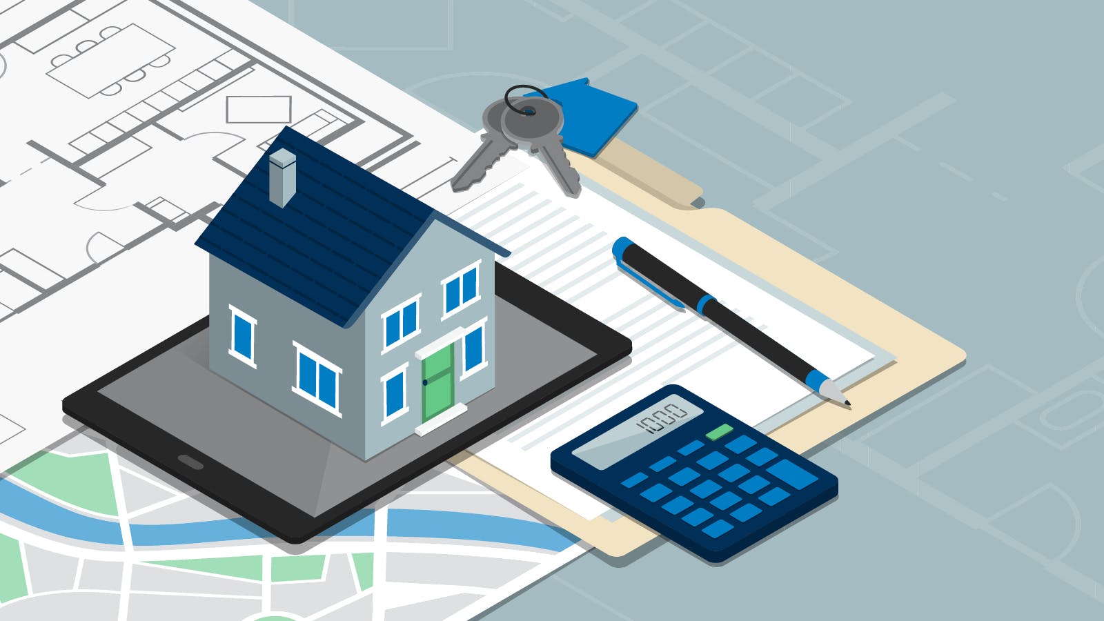 Mortgage payment calculator on a table with illustration of a house, keys, notepad and blueprint