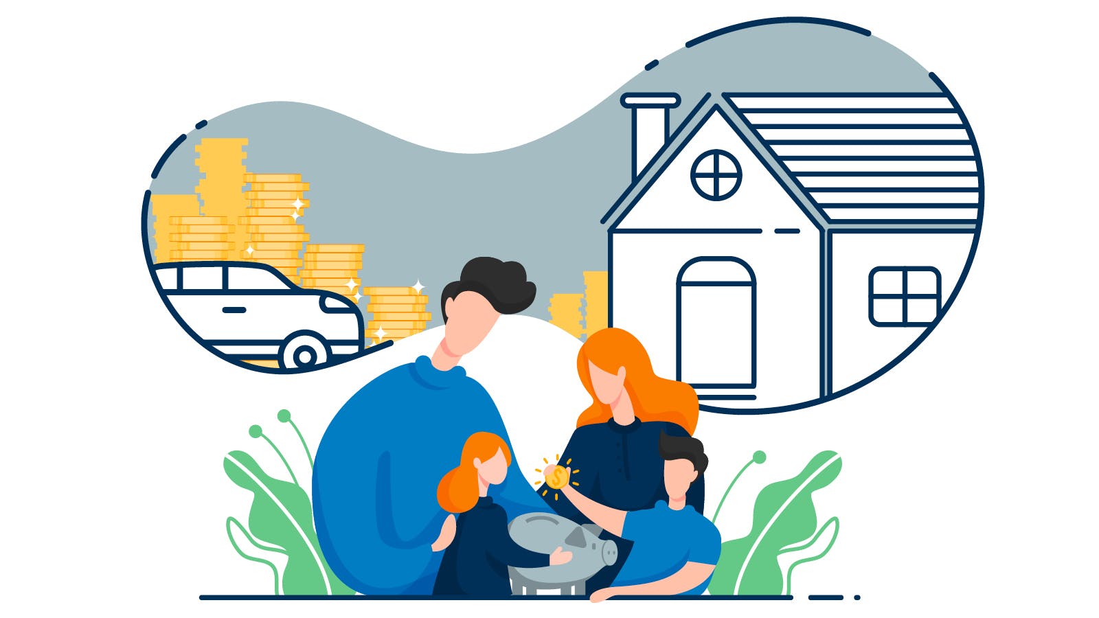 An illustration of a family of four saving money in a jar, with a backdrop showing a house, car, and stacks of coins symbolizing financial goals and planning for the future.