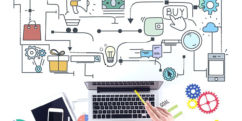 Graphic illustration of digital bad credit components with photograph of someone applying for a home loan on a laptop.