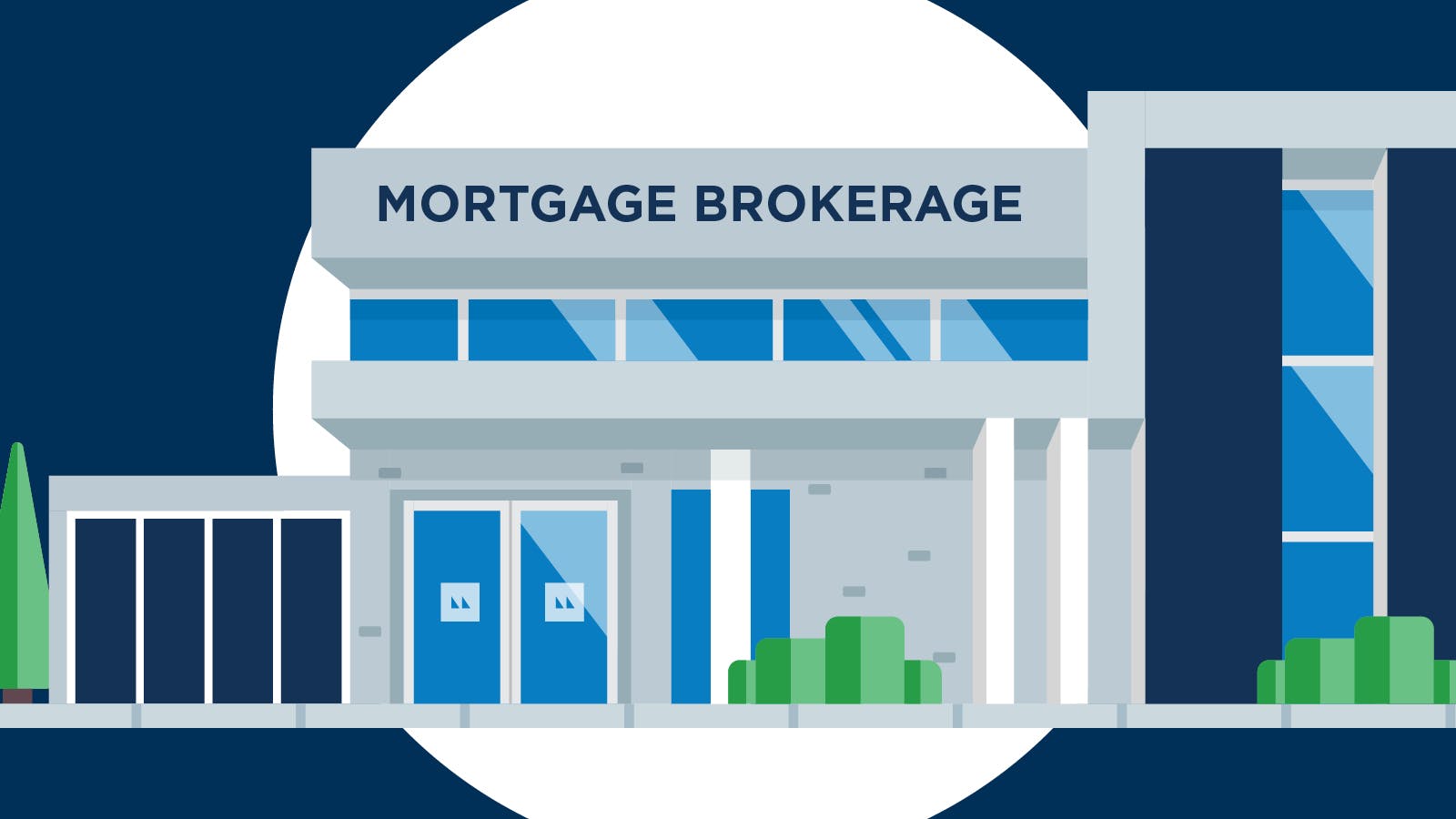 Graphic image depicting the mortgage brokerage franchise boom in 2023. It is a mortgage brokerage franchise storefront with bar graphs along the front.