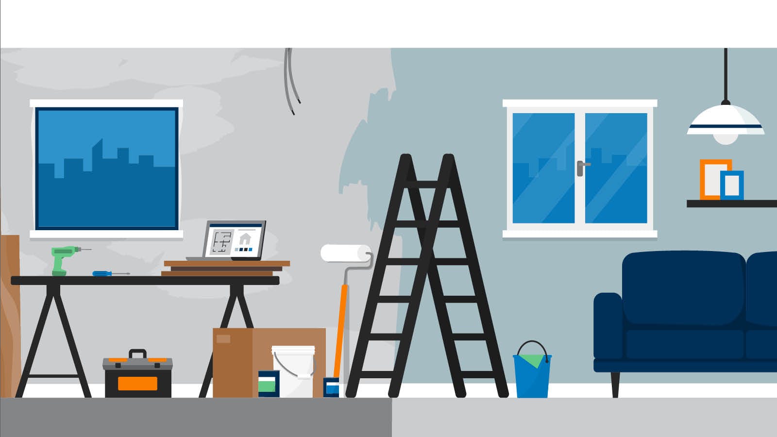 An illustration of a home renovation with a ladder and a half-painted wall.