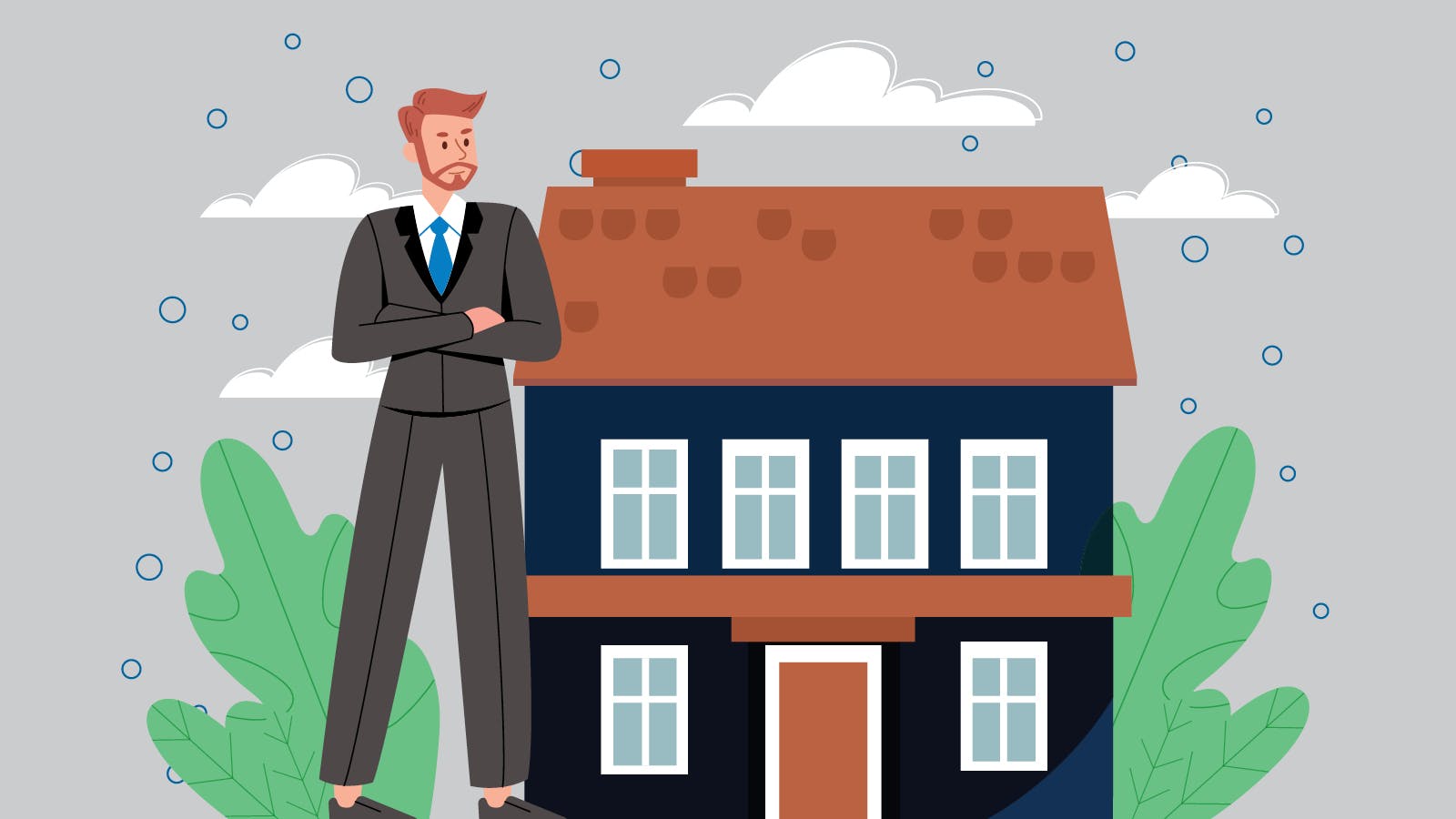 Man standing in front of a recession-proof real estate business.
