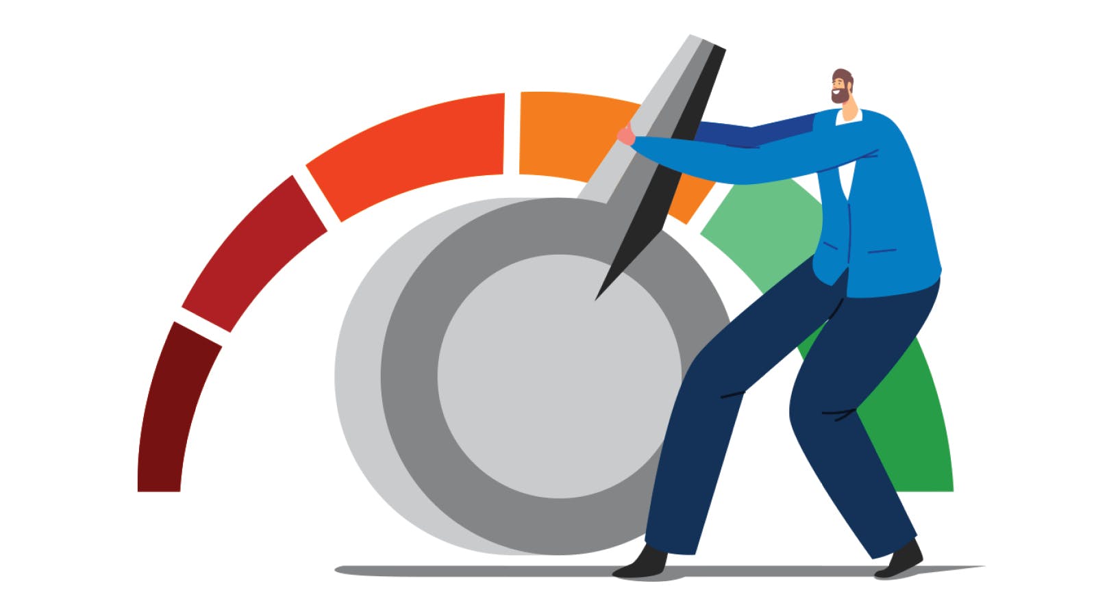 Graphic depiction of man physically working to rebuild credit by pulling indicator from red to green.