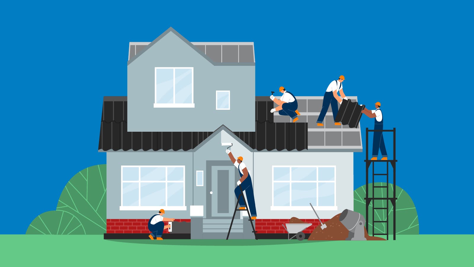 New construction homes illustration with construction workers building a new house.