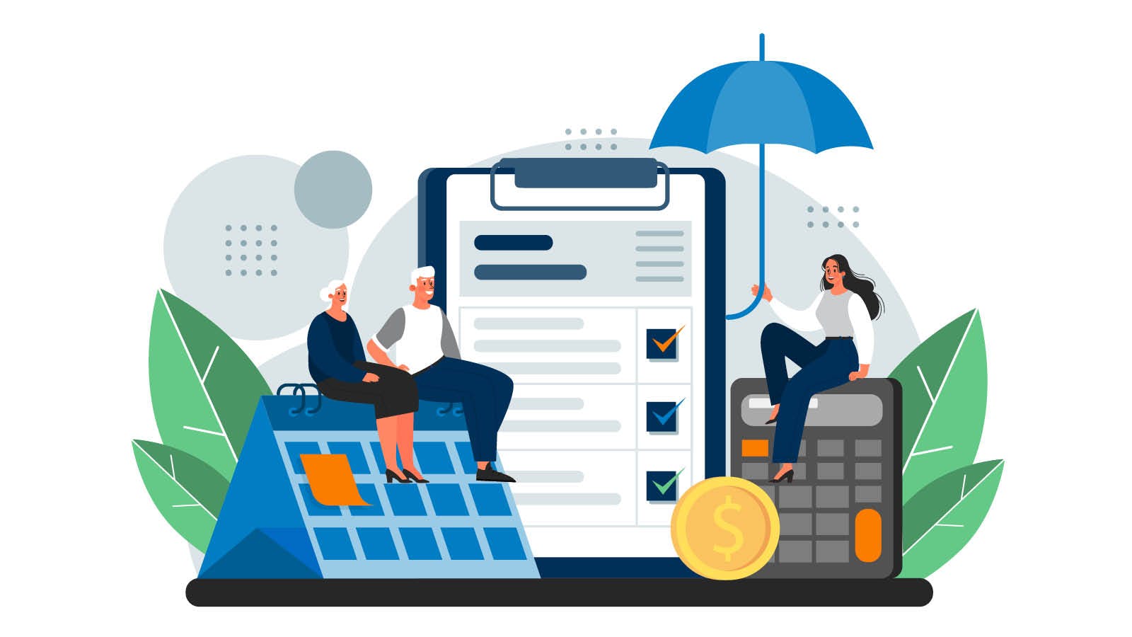 An illustration of an elderly couple learning about mortgage tax benefits for retirement planning. There is a calendar, a calculator, and a notepad surrounding them.