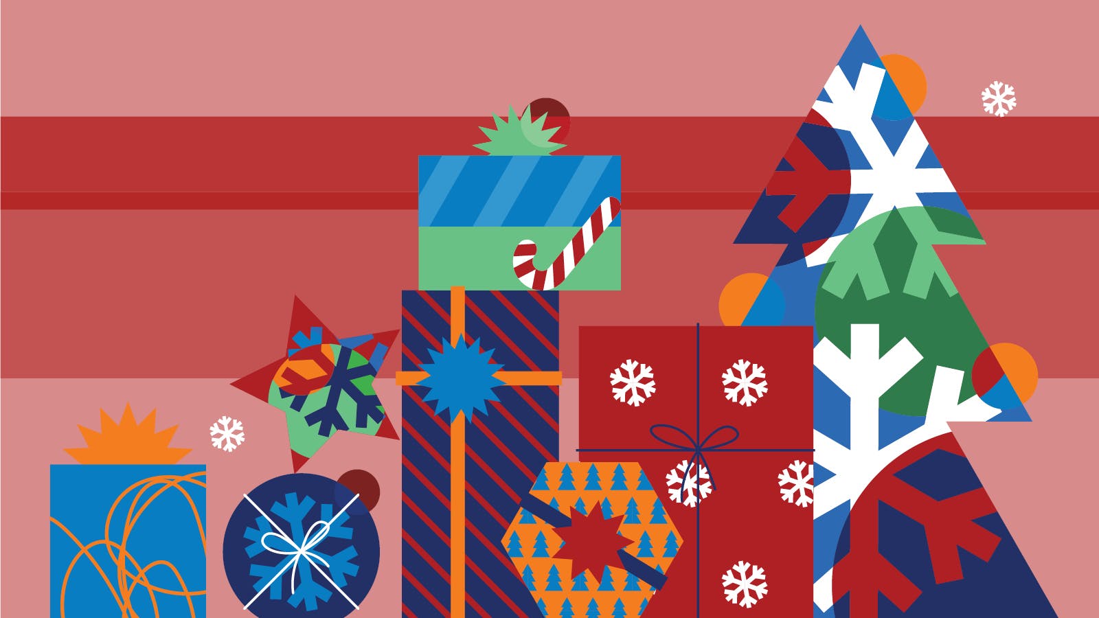 A graphic design of unique holiday decor with blue, orange, green and red presents and tree