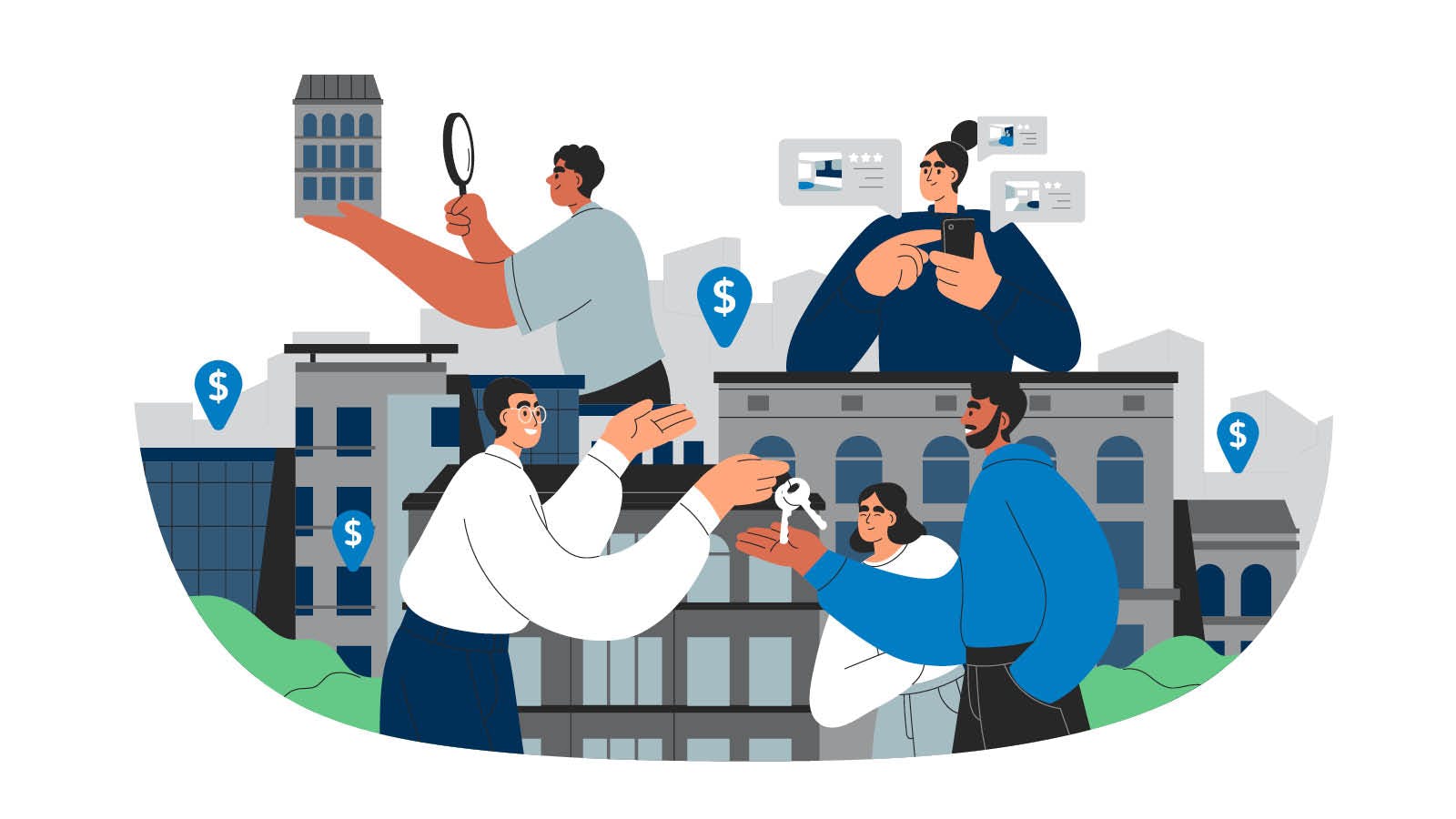 5 illustrated people thinking about the 2024 housing market. Two are getting keys from a real estate professional, one is searching for homes on their phone, and one is looking at a house.