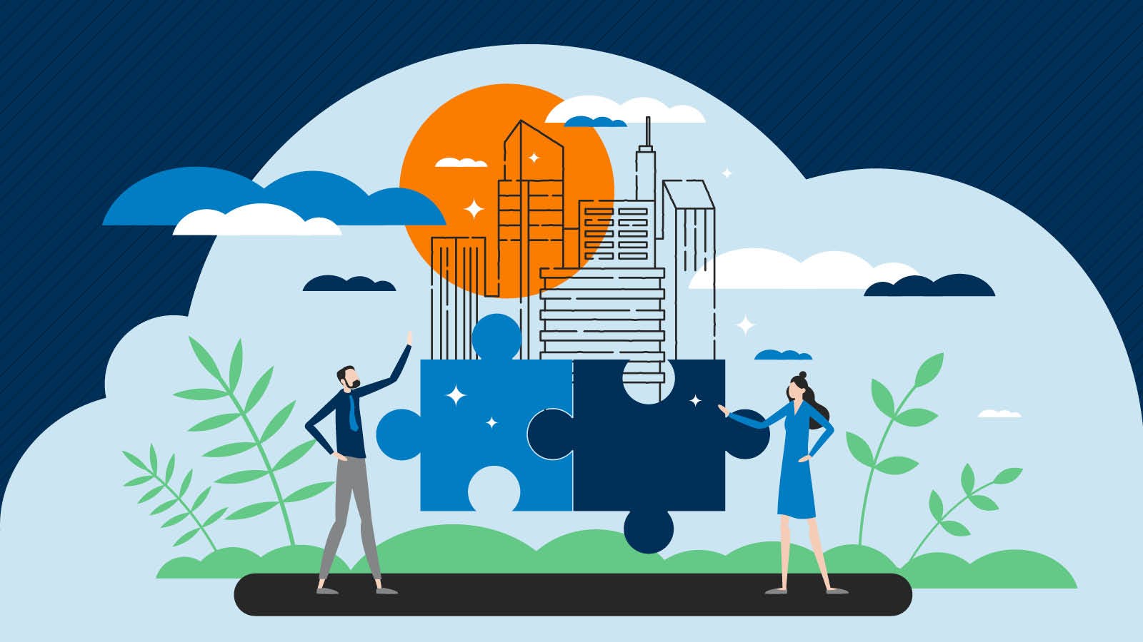 Graphic illustration of joint ventures with two people holding two puzzle pieces together