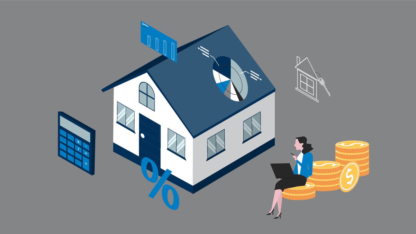 Graphic illustration of "How does mortgage interest work?" There is a house with a percentage and chart hovering over it and a woman sitting on a stack of coins looking at the house.