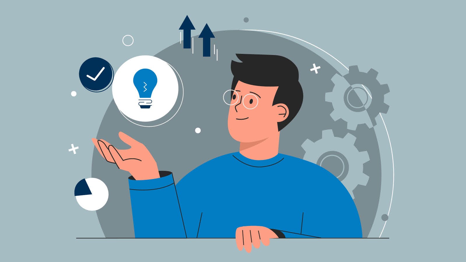An illustration of a man thinking about launching a new business. He is looking at icons like a lightbulb, a pie chart, cogs, etc.