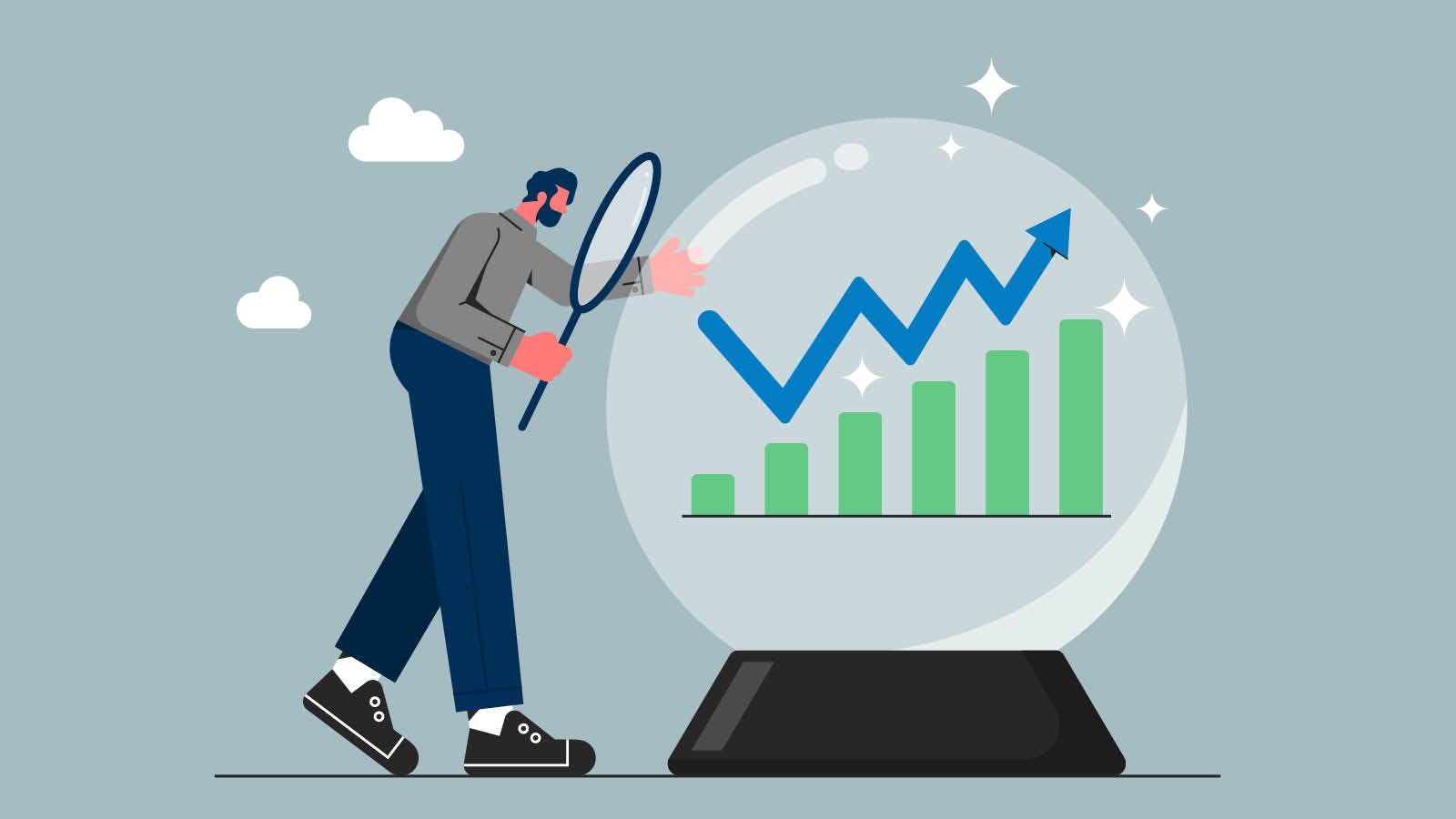 An illustration of a man "looking" at a representation of mortgage market trend predictions for 2024. It's shown as a graph inside a crystal ball.