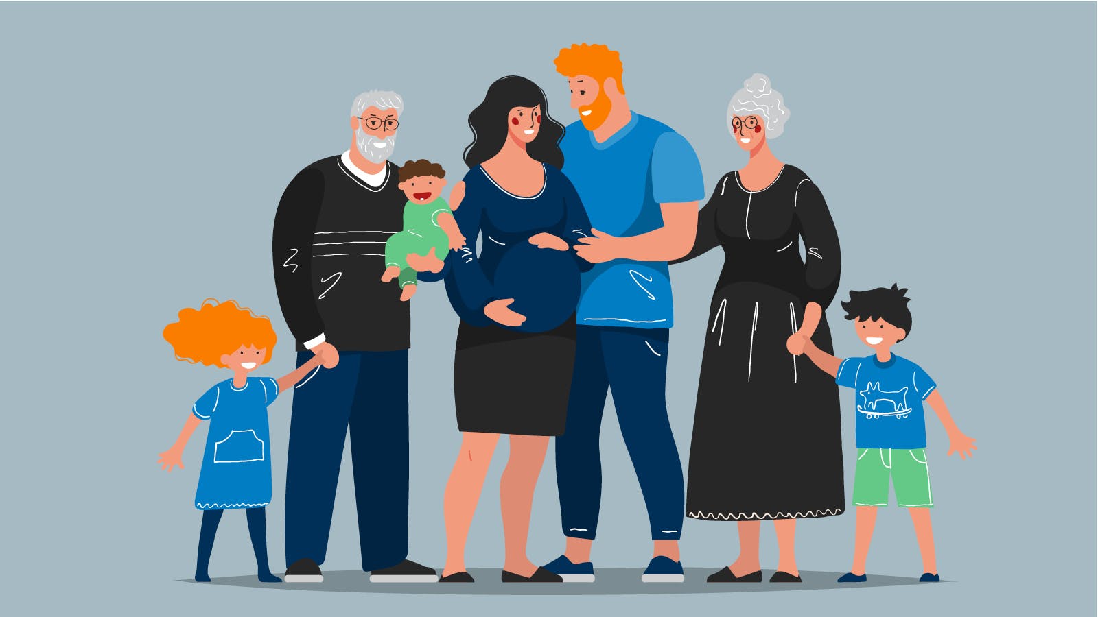 An illustration of a multi-generational family (mother, father, grandmother, grandfather, children) who might benefit the new Fannie Mae 5% down loan program.